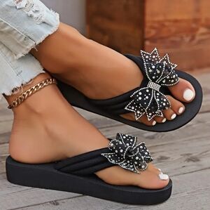 NWT YOULISI RHINESTONE BOW FLIP FLOPS Sz 10